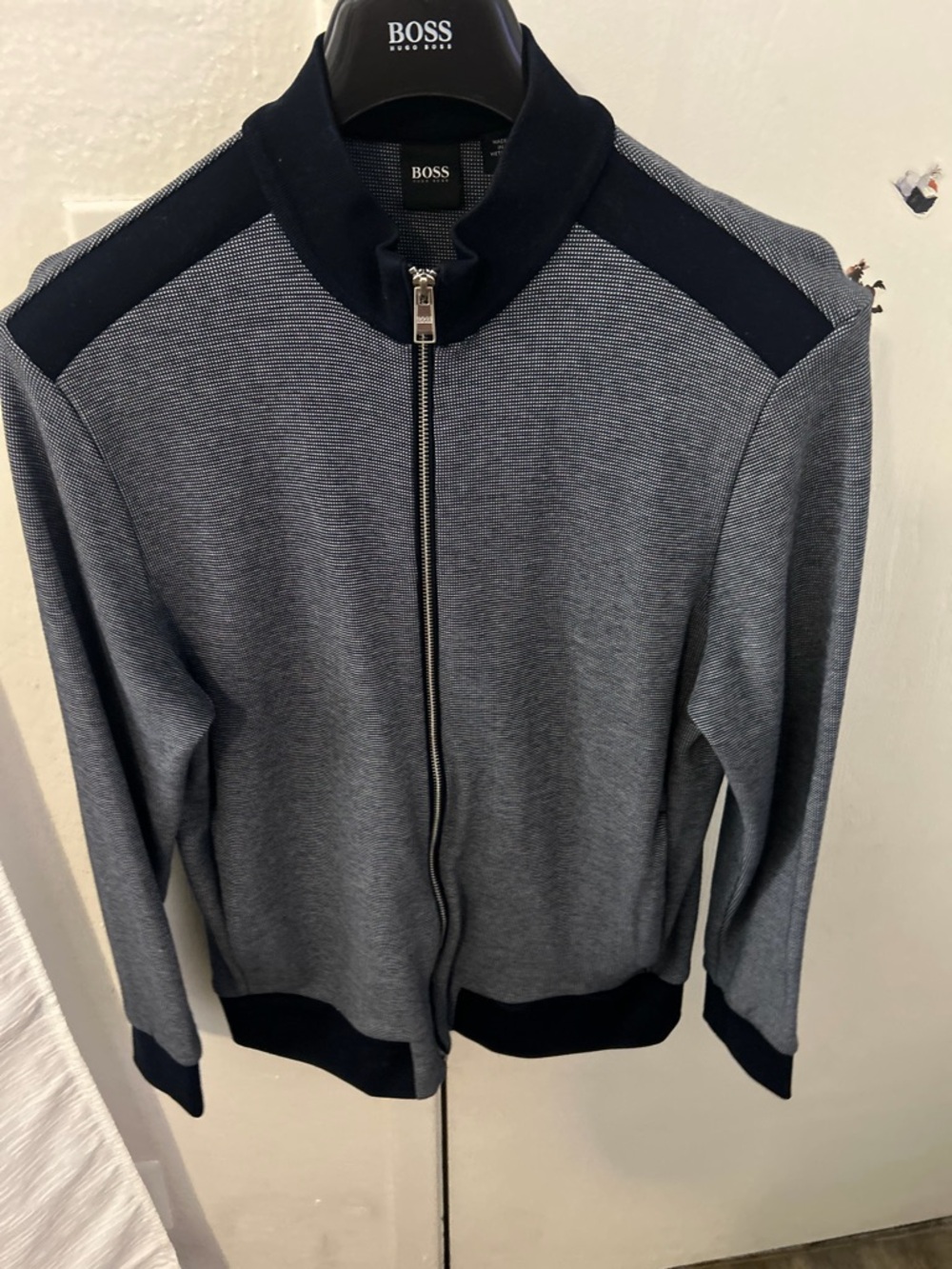 BOSS Grey and Navy Full-Zip Knit Jacket